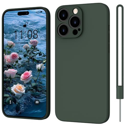 ORDA Hülle Kompatibel mit iPhone 15 Pro 6.1, Ultra Dünn Handyhülle für iPhone 15 Pro 5G Silikon Case,Kratzfeste Rundumschutz Schutzhülle Mit Lanyard Hülle für iPhone 15 Pro Dunkel Grün