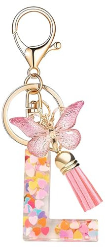 Nodigao Schlüsselanhänger mit Schlaufen für Mädchen Damen Frauen mit Quasten Rosa Schmetterling Buchstabe Schlüssel Taschenanhänger - L