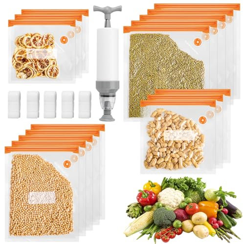 16Pcs Food Storage Freezer Bags,Reusable Vacuum Sealer Bags with 1 Filterable Hand Pump,Zip Seal Food Bags,Meal Prep Bag&4pcs Clips for Food Storage Vegetable, Fruit and Meat,Sous Vide Bags