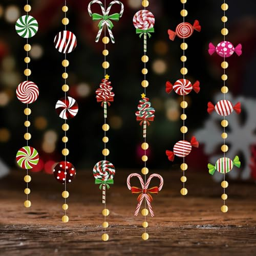 Vomika 3-teiliges Süßigkeiten-Party-Dekorationsset, süße Zuckerstangen-Lollipop-Girlande, hängendes Papier-Luftschlangen-Banner, für Weihnachtsbaum, Kamin, Feiertags-Partyzubehör für Zuhause