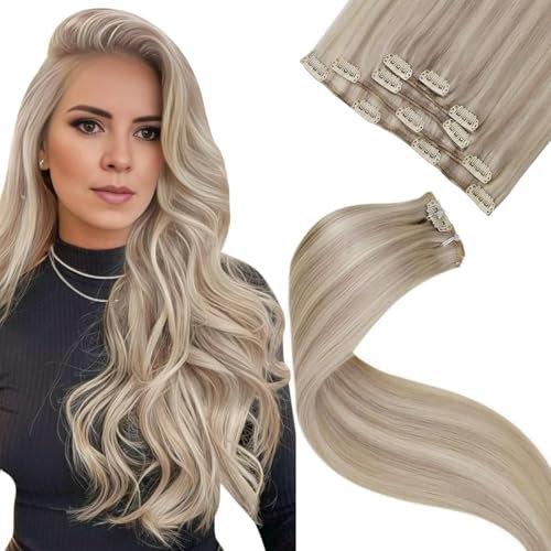 LaaVoo Clip in Extensions Echthaar Blond Remy Echthaar Extensions Clip in Haarverlängerung Clips Extensions Aschblond mit Blond 5pcs 70g 35cm #P18/613 Doppelt Tressen