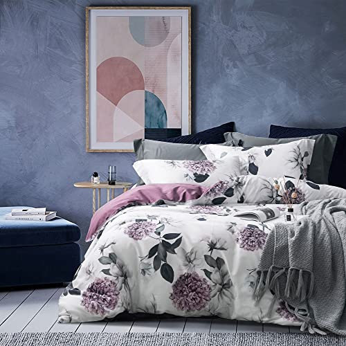 MILDLY Housse de Couette 200x200 Coton - Motif Violet Hortensia Floral, 100% Coton Lavé, Certifié Oeko-TEX, Violet Imprimée Parure de Lit 2 Personnes 200x200 Coton avec 2 Taies d'oreiller 65x65 cm