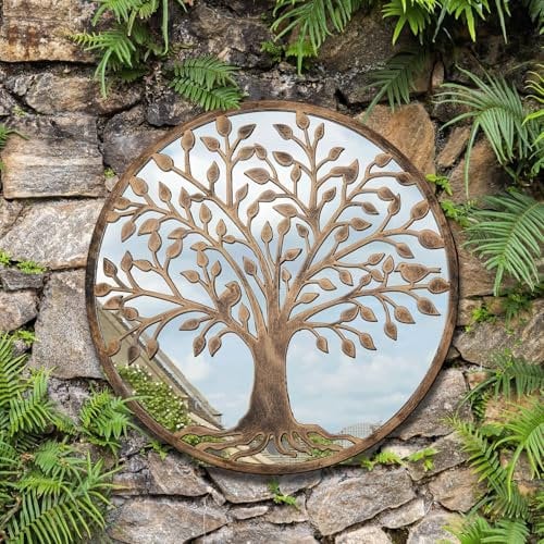 DEENZ The Outdoor Living Collection Round Tree Mirror Metal Black Brush Gold Home Decor Wall Art (50 CM)