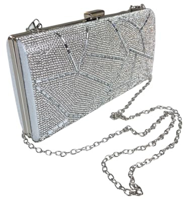 Women's Abstract Diamante Clutch Bag Rhinestones Sparkle with Chain Wedding Bridal Clutch Purse Evening Bag Ladies Prom Party Silver