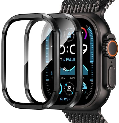 Amizee 2 Stück Schutzfolie kompatibel mit Apple Watch Ultra 3/2/1 49mm, HD Gehärtet Glas Aluminiumlegierung Rahmen Schutzfolie für iWatch Ultra 49mm, C-Schwarz