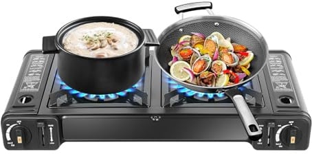 TESUGN Réchaud à gaz de camping 2 feux, compact avec allumage piézoélectrique, cuisinière à gaz portable, pour l'extérieur et l'intérieur