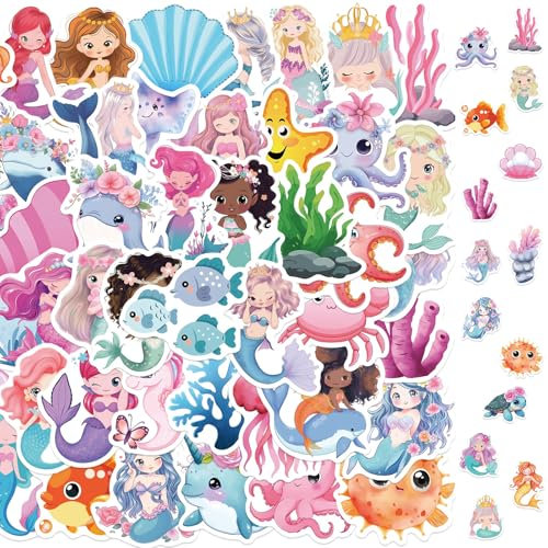 2 X 50 Stück Niedliche Meerjungfrau, Kawaii Meerjungfrau Set, Wasserfarben Aufkleber, Vinyl Wasserdicht Aesthetic Aufkleber für Wasserflaschen, Laptop, Skateboard, Gepäck