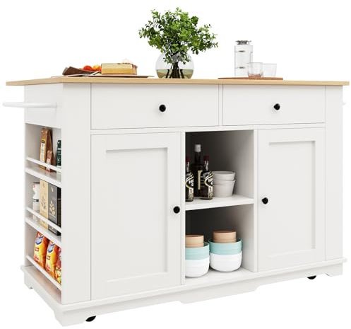 DRIXNO Kücheninsel, Küchenwagen mit Steckdosenleiste Ausgestattet, Küchenschrank, Servierwagen mit arbeitsplatte, Buffetschrank, Speisewagen mit Holzmaserung, Buffetschrank,Weiß