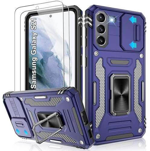Jshru Handyhülle für Samsung Galaxy S21 5G Hülle Kameraschutz Slide Camera mit 2 Stück Schutzfolie, 360° Metall Ring Ständer Case, Stoßfest Schutzhülle für Samsung Galaxy S21 5G,Blue