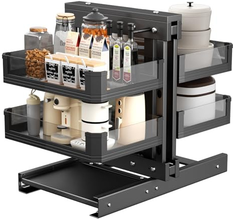 VELPAX Organiseur coulissant d'angle aveugle pour armoire de 900 mm, compatible avec ouverture à gauche et à droite, Étagère d'angle panier coulissant à 2 niveaux en verre, montage par le bas