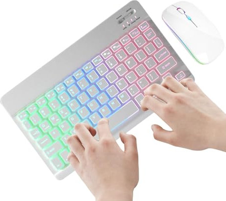 Wireless Backlit Keyboard and Set - 2 Light Modes, 7-Color LED for Laptop, PC, Tablet - Silent Typing, Ergonomic, Rechargeable - & Office Wireless Keyboard Combo