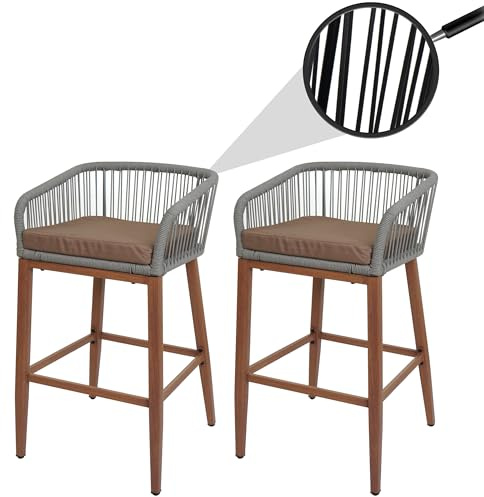 Mendler Set 2 sgabelli bar Rope HWC-O22, con cuscino esterno, intreccio corda elastica effetto legno - grigio, cuscino taupe