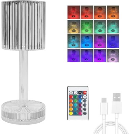 EXTRASTAR LED Kristall Tischlampe in Kelchform, RGB Tischlampe mit Fernbedienung, Dimmbare Touch Lampe, 16 Farben und Helligkeit Einstellbar, USB-Aufladbare, Rautenförmige Apertur