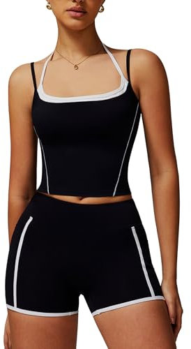 IDOPIP Sport-Set Damen Zweiteiler für Fitness: Gym Set mit gepolstertem BH und kurz Leggings mit Taschen - Sommer Sportkleidung für Yoga, Pilates und Workout schwarz M