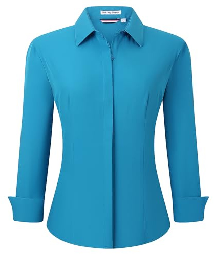 Alex Vando Womens Dress Shirts Wrinkle Free Regular Fit Long Sleeve Stretch Work Shirt, Hidden Placket Turquoise, 3XL