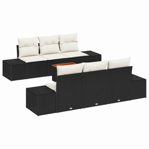 vidaXL 7-teiliges Garten-Sofa-Set mit Kissen in Schwarz aus Poly-Rattan und Akazie – die perfekte Sitzgelegenheit für draußen. Stylisches, modulares Design für Terrasse oder Wohnzimmer.