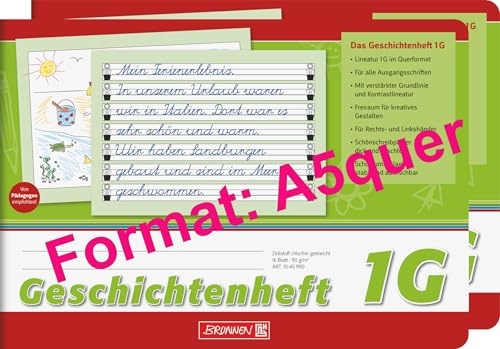 BRUNNEN Geschichtenheft | A5quer Lineatur 1G, 16 Blatt, grün 2er Pack - Wahlweise mit Pelikan Griffix Schreiblernfüller
