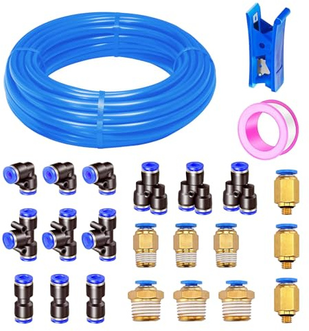 HUAZIZ 20 meter PolyuréthaneTuyau Pneumatique 8 mm Blu PU Tuyau Air, 21 Connecteur Pneumatique 5 mm (3 Droits, 3 Coudes, 3 Raccords en T, 3 Séparateurs en Y, 9 Raccords Filetés Mâle)