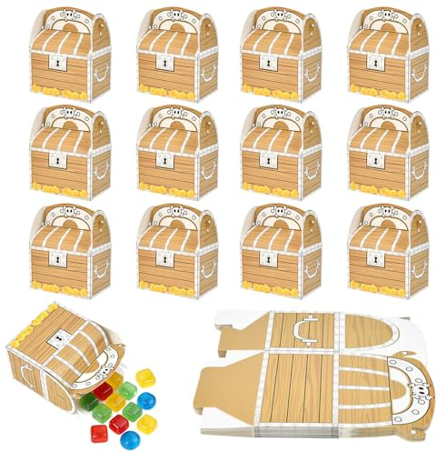 Huucozn 12 Stück Piraten Schatzkiste Mini Schatztruhe Kindergeburtstag Piraten Treat Box 14x11x7cm Piratentag Thematische Geschenkbox Mitgebsel Kleine Party Box mit Griff für Süßigkeiten Schokolade