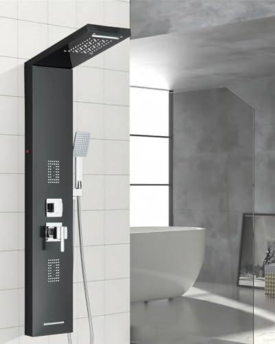 TVTIUO Sistema de Ducha con Cinco Funciones:Lluvia,Cascada,4 Chorros Corporales, Ducha de Mano y Boquilla, Negro(acero inoxidable)