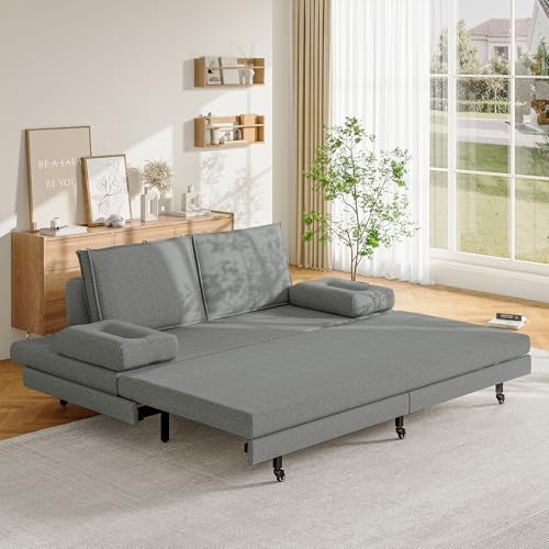 HFASD Schlafsofa, Ausklappbar, 2-Sitzer, 90/180 X 200 cm, Schlafcouch Umwandelbar, Klappbares Schlafsofa, Tagesbett Ausziehbar, Schlafcouch Sofabett Daybett Gästebett, Leinen (Grau, 90/180x200cm)