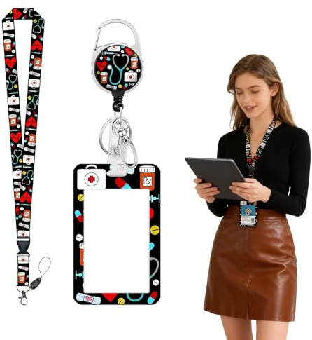 Porte Badge Tour de Cou pour Infirmières avec Dérouleur Rétractable, Porte Carte Tour de Cou, Badge Enrouleur, Étui Carte Vertical pour Médecins et Pharmaciens