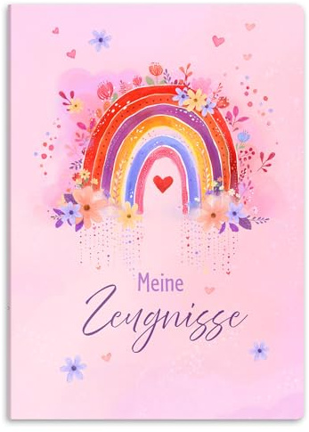 itenga Zeugnismappe A4 – Sichtbuch 20 Hüllen (für 40 Dokumente) – extra stabile Klarsichthüllen – Kunststoffeinband mit hochwertigem Motivdruck – Dokumentenmappe (Motiv Regenbogen - RAINBOW DREAMS)