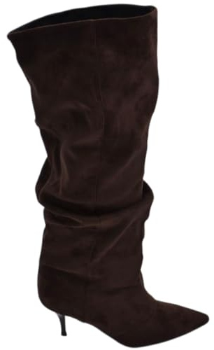 Stivale Alto Slouchy camoscio Marrone Donna Linea Basic con Tacco a Spillo Kitten 5 cm Gambale Over a Punta Zip (37 EU)