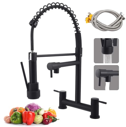 2 Hole Bridge Kitchen Mixer Tap, Spring Kitchen Sink Mixer Taps with Pull Out Spray Dual Lever, 360° Swivel Spout, 2 Spray Modes, Kitchen Sink Faucet, Metal Brass Construction for 18cm UK Standard
