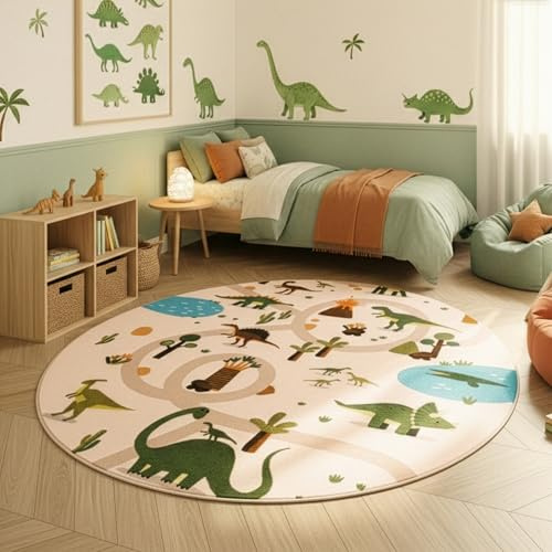 SIMPEX Kinderteppich Dinosaurier Spielteppich rund 160 cm für Kinderzimmer in Beige Dino Motiv ideal als Spielunterlage