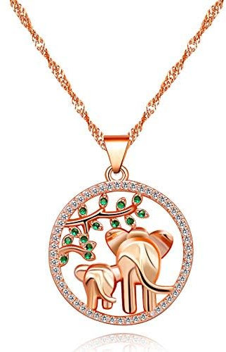 Uloveido Mom and Baby Elephants Pendant Necklace for Women Girls,Tree of Leaf Life Forest Circle Round Necklace for Mom Grandma (Rose Gold) Y482