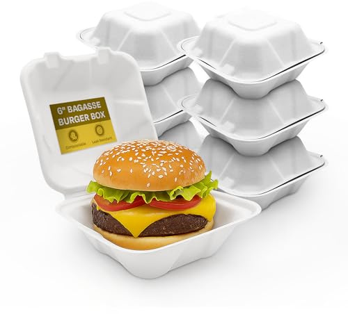 We Can Source It Ltd - Bagasse Disposable Takeaway White Burger Box - 6 Sugarcane Food Tray Perfect for Takeaways, Festivals, Carnivals, Cafes - Takeaway Boxes (500)