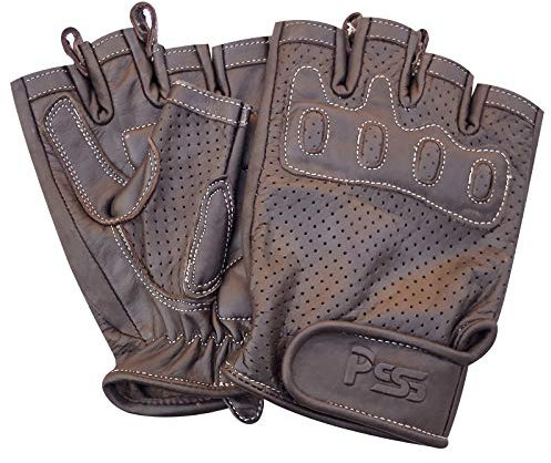 PSS Leder Fingerlose Handschuhe Mit Ziehriemen Herren Ohne Finger Motorradfahren Fahrradfahren MTB Muskelaufbau Fitness Gewichtheben Gepolstert Komfortabel Atmungsaktiv, Ref 318, Braun Größe L