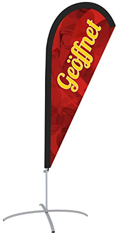 Beachflag - Geöffnet versch. Farben ✓ versch. Halterungen ✓ Tropfenform ✓ Höhe 2,04 m ✓ Indoor & Outdoor (mit Kreuzfuß, Rot-Gelb)