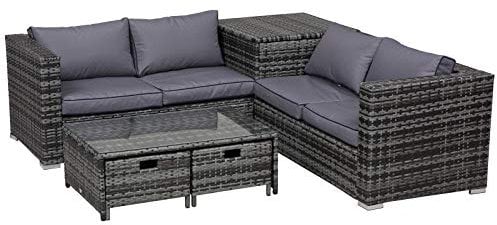 Outsunny 4 Pieces Rattan Garden Furniture Set, 4 Seater Corner Sofa Set with Storage Box, 2 Drawers Coffee Table, Loveseats with Cushions, Wicker Garden Conservatory Furniture for Balcony, Grey