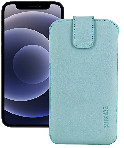 Suncase Etui Tasche kompatibel mit Apple iPhone 12 mini (5.4) mit ZUSÄTZLICHER Hülle/Schale/Bumper/Silikon *Lasche mit Rückzugfunktion* Handytasche Ledertasche Schutzhülle Case in antik-türkis