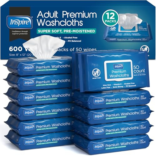 Inspire Adult Wet Wipes, Wash Cloths | Adult Wipes for Incontinence & Cleansing for Elderly, Fragrance-free Premium Full Body Cleansing Washcloths (1 Count (Pack of 600))