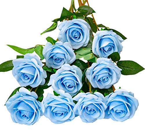 DuHouse 10 Stück künstliche Rosen Seidenblumen Fake Rose 54cm einzelnen Langen Stiel künstlich Blumen Bouquet für Brautstrauß Arrangement Hochzeit Tafelaufsatz Party Haus Küche Dekor(himmelblau)