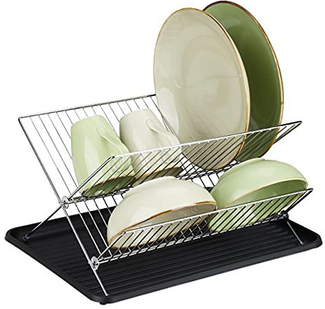 Relaxdays Estante Escurridor con Bandeja de Goteo, Secaplatos Plegable, Soporte Platos Plástico, Metal, Color Negro, Hierro, 28 x 42 x 32 cm