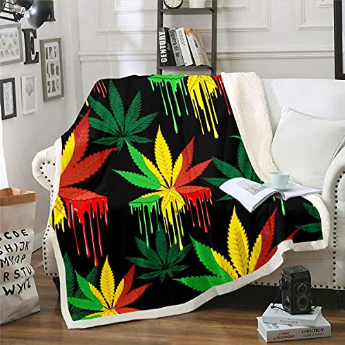 Homemissing Marihuana Blatt Kuscheldecke Cannabis Blätter Decke 150x200cm Marihuana Weed Blatt Drucken Flanell Fleecedecke für Schlafsofa Couch Männer Schlafzimmer Dekor Buntes Blattmuster Wohndecke