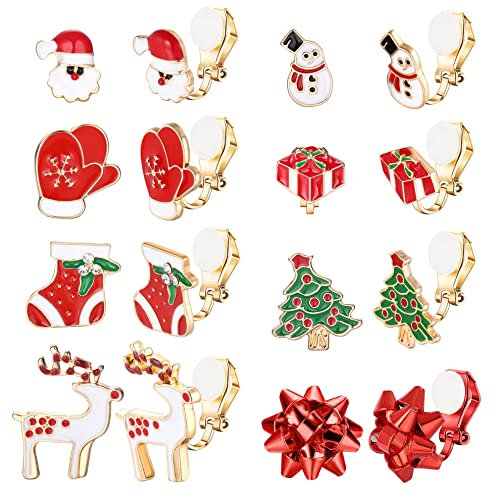 YADOCA 8 Paar Weihnachten Ohrringe Clips für Frauen Kinder Ohrclips Baum Geschenk Schneemann Elch Handschuhe Santa Kein Piercing Weihnachten Klipp Ohrringe Set