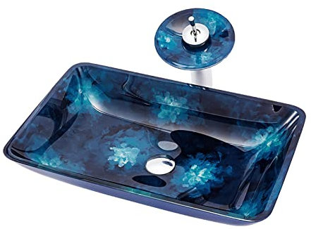 Ksunun Waschbecken Gehärtetes Glas Aufsatzwaschbecken Rechteck Dunkelblau Design Handwaschbecken mit Messing Wasserfall Wasserhahn und Wasserablauf, Aufsatz Waschschale für Bad