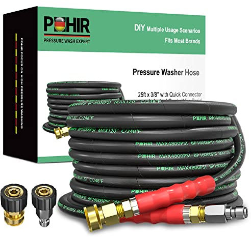POHIR 3/8 Inch Pressure Washer Hose 25 FT with Adapter Set, 4800PSI Hot and Cold Water Max 248°F, High Tensile Wire Heavy Duty Commercial Grade Hose, 2pcs M22 14mm to 3/8 Quick Connect Accessories
