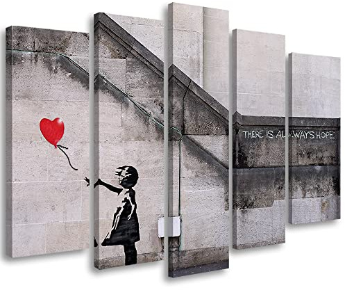 Feeby 5-teilig Bild auf Vlies Leinwand 150x100 cm Straßenkunst Graffiti Banksy Kunstdruck Modern Wandbilder Deko Flur Wohnzimmer Fototapete Mädchen mit einem Luftballon Grau