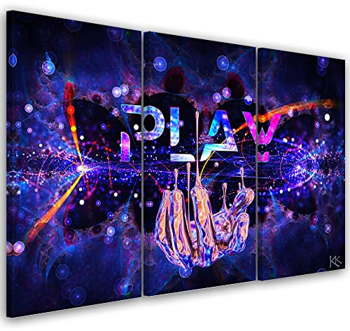 Feeby 3-teilig Bild auf Vlies Leinwand 90x60 cm Spiele Gaming Für den Gamer Kunstdruck Modern Wandbilder Deko Flur Wohnzimmer Hand Abstraktion PLAY Violett