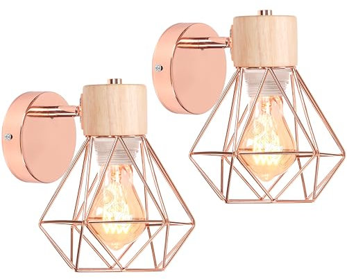 iDEGU Lot de 2 Appliques Murales Industrielles Design Cage en Métal Lampe Murale Bois Décoration Ajustable Vintage Luminaire Interieur pour Chambre Couloir Salon, 16CM (Style-B Or Rose)