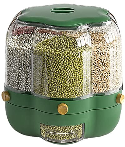 Rice Bucket - 6-Grid Rotating Cereals Dispenser, 6.5L Storage Container for Grains and Food, Round Box for Home Kitchen