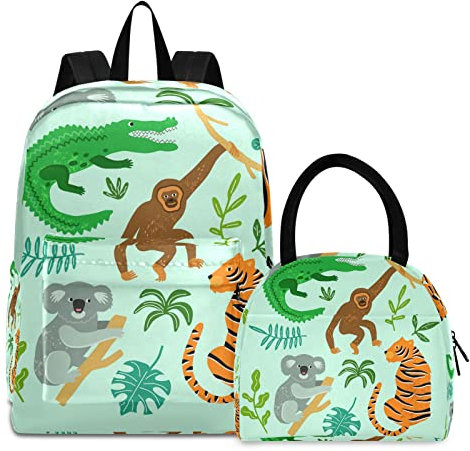 KAAVIYO Zeichentricktiere Zoo Büchertasche Lunchpaket Set Schulter Rucksacks Bookbag Kinderrucksack Isolierte Lunchbox-Tasche für Mädchen Jungs