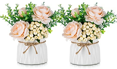 BLOSMON Kunstblumen im Topf Deko: 2 Stück Mini Champagner Künstliche Rosen Künstlich Blumen mit Vase für Tischdeko Wohnzimmer Zuhause Dekoration Fake Blume Pflanzen Schlafzimmer Hochzeit Party Decor