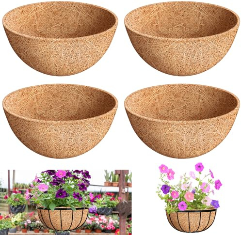 Riare 4Pcs Hanging Basket Liner, 12inch Round Natural Coconut Coir Liners Planter Liner Coco Fiber Replacement Liner for Hanging Baskets, Garden Flower Vegetables Planter Pot, Window Box | 100% Natural Coconut Liners Replacement, Breathable Coconut Fiber Planter Liners for Flower Pots, Patios Porches Decks Decor